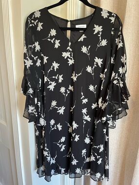 Calvin Klein Black and White Floral Chiffon Tunic Dress